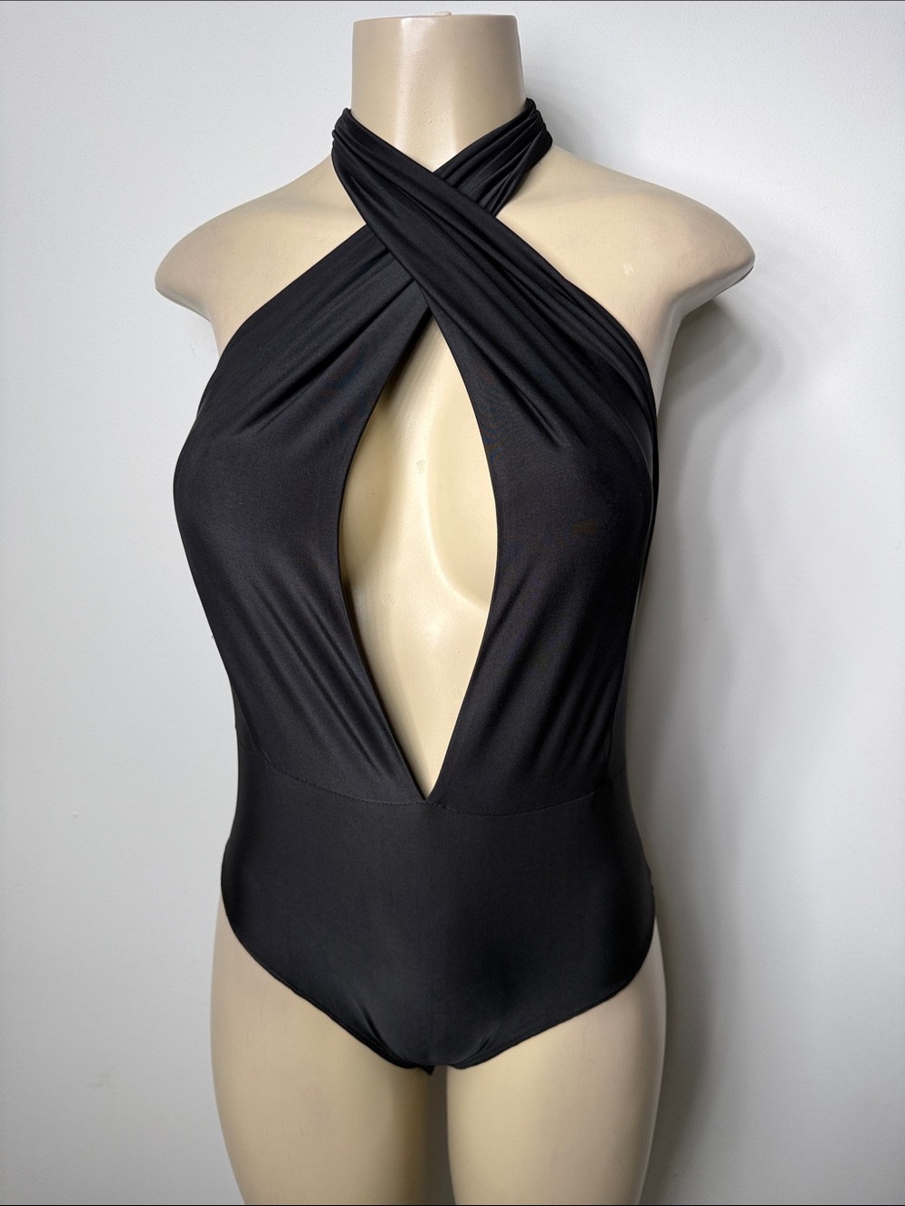 Tobi Black Crisscross Halter Plunge Bodysuit